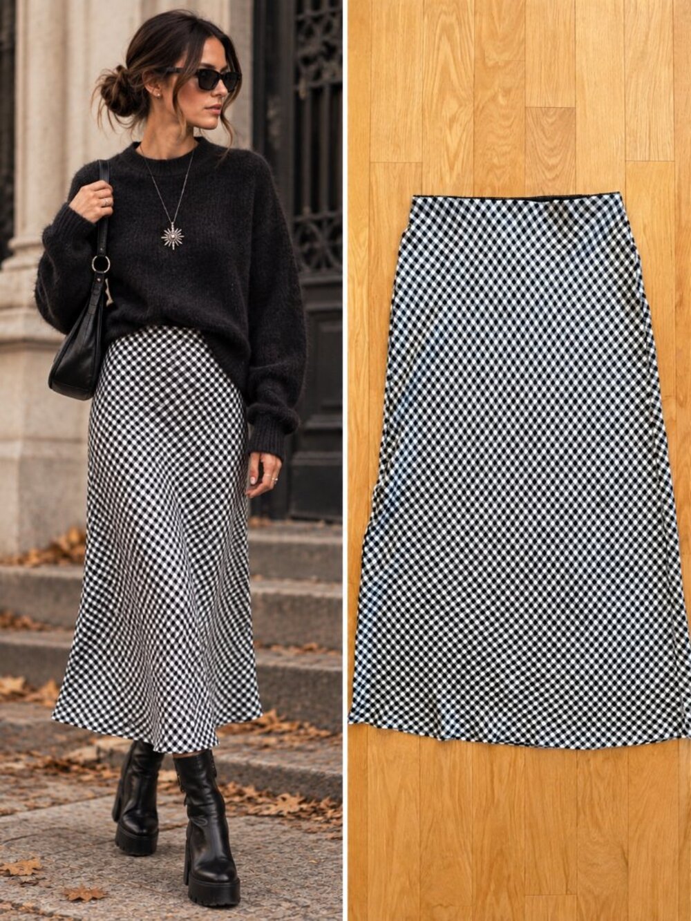 Belle Vere Black White Checkerboard Satin Bias Cut Slip Midi Skirt 90s Grunge XS